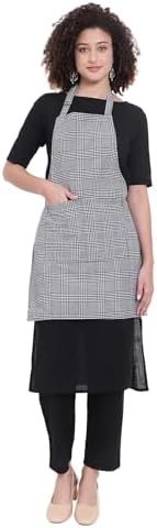 GLUN® Kitchen Cooking Aprons, Small White & Black Checkered Color Adjustable Bib, Chef Apron with 2 Pockets, Long Ties, Long Neck Strap for Men & Women Unisex Apron