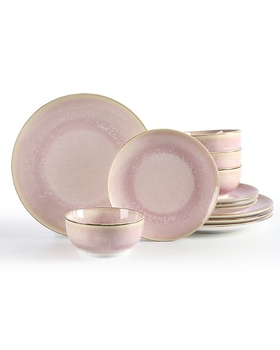 Sweejar Dinnerware Sets Service for 4, 12 pcs Porcelain Plates and Bowls for Kitchen, Housewaring Gift, Chip and Scratch Resistant Dish Set, Handmade Dishwasher and Microwave Safe Plate Set, Pink