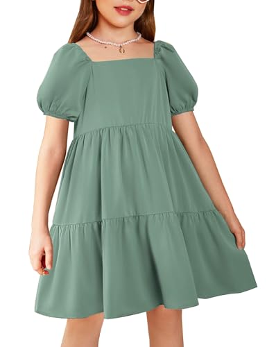 Arshiner Girls Dresses Short Sleeve Ruffle Chiffon Summer Flowy Dress with Square Neck