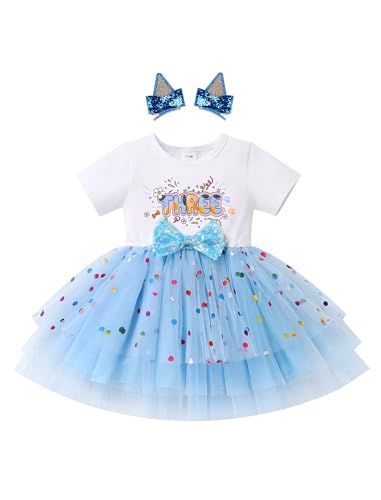 IMEKIS Cake Smash Outfit Girl: Third 3rd Birthday Dress Toddler Confetti Tulle Sparkly Ruffle Tutu Dog Ears Hair Clips Baby One Year Old Photoshoot Clothes Sets Party Formal Kids Blue - Three 3T