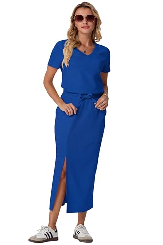 Image of GRECERELLE Women Summer Casual 2 Piece Sets V-Neck Wrinkle-Free Top & Elastic Waist Midi Side Slit Skirt with Pockets