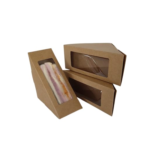 Ebonee Triangle Sandwich Paper Boxes with Transparent Window, Kraft Paper Stand Up Take Out Bakery Food Packaging Containers with Clear Front, Sandwich Takeaway Wedge Box (Brown, 100 Pack)