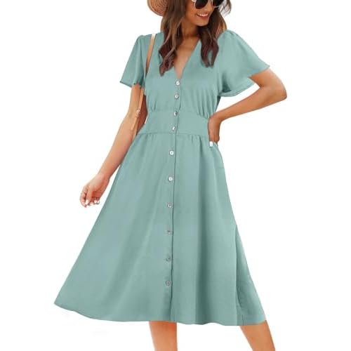 ROYLAMP Women's Floral Button Up Split Dress Deep V Short Bell Sleeve Casual Midi Dress with Pockets Small Seagreen