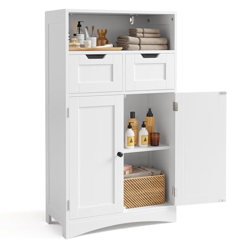 Bealife Badezimmerschrank mit 2 Schubladen, verstellbares Regal, multifunktional, für Badezimmer, Schlafzimmer, Flur (weiß, 60 x 30 x 108 cm) (weiß)