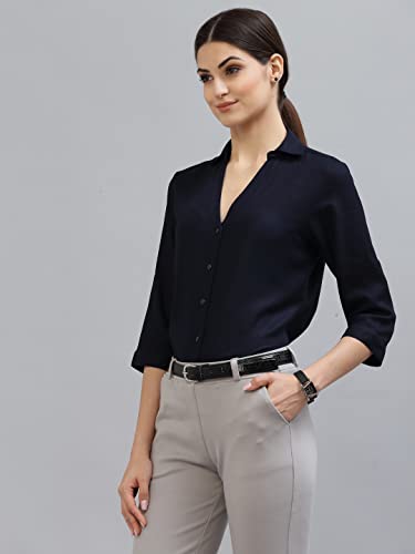 Image of Style Quotient Women Solid Navy Viscose Rayon Semi Formal Shirt