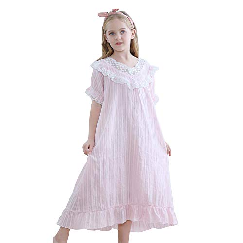 ELizoop Camisón para Niñas Camisón Victoriano de Algodón para Niños Camisón de Encaje de Princesa para Niña Pequeña de 3 a 12 Años (Rosa,5-6 Years) Cover