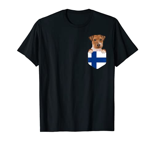 Finland Flag Russell Terrier Dog In Pocket T-Shirt, Black