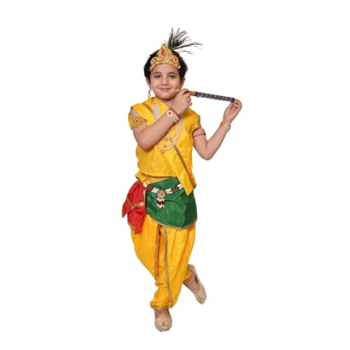 Image of Kaku Fancy Dresses Polyester Krishna Costume for Kids | Kids Krishna Dress for Janmashtami /Kanha /Krishnaleela /Mythological Character Krishna Fancy Dress Costume for Boys /Girls - Yellow (3-4 Years)