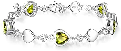 Carleen August Birthstone Bracelet 925 Sterling Silver Created Green Peridot Bracelet for Women Heart Shape Station Tennis Bracelet Gemstone Jewelry for Girls Wife Mom