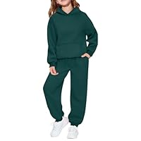 Couawaticy Kids Girls Boys Blackish Green Tracksuit Plain Fleece Hooded Top With Bottom Joggers Jogging Suit Outfit Set For Children Age 2-14 Years