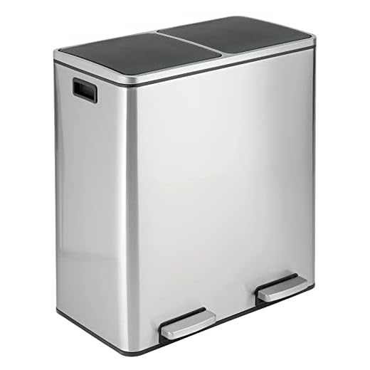 mDesign Metal Steel 16 Gallon/60-Liter, Dual Compartment Step Trash Can; Double Bin Trash Can/Recycler Combo for Kitchen; Holds Garbage, Recycling; Features Two Removable Liner Buckets, Brushed Chrome