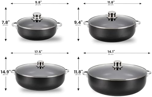 Alpine Cuisine Non-Stick Dutch Oven 8 Pc Set with Glass Lid | Multi-Purpose Aluminum Caldero for Braising - Boiling - Stewing | Nonstick Coating with Black Finish | Ideal for All Serving Sizes Pot