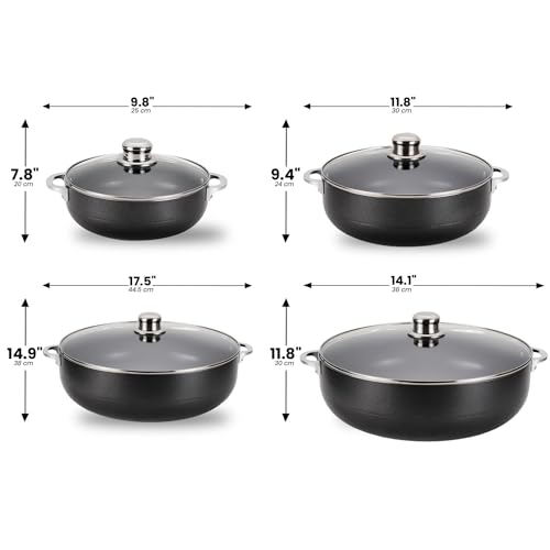 Alpine Cuisine Non-Stick Dutch Oven 8 Pc Set with Glass Lid | Multi-Purpose Aluminum Caldero for Braising - Boiling - Stewing | Nonstick Coating with Black Finish | Ideal for All Serving Sizes Pot