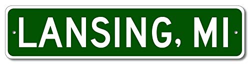 Lansing, Michigan - USA City and State Street Sign - Personalized Metal Street Sign, Man Cave Destination Sign, Perfect Idea, Pub Bar Wall Decor - 4x18 inches