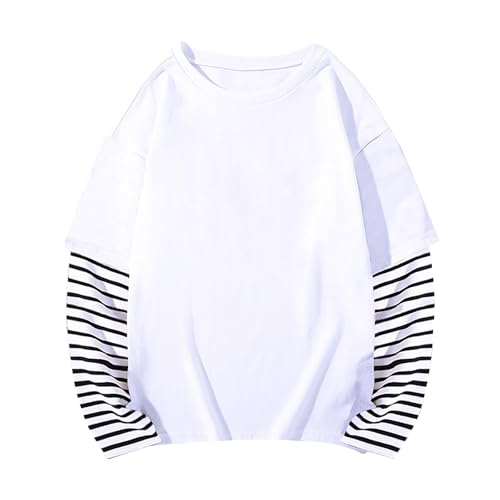 Kids Girls Boys Cotton 2 in 1 Tops Unisex Baggy Striped Long Sleeve Crew Neck Shirts Autumn Comfy Tops Tees Clothes