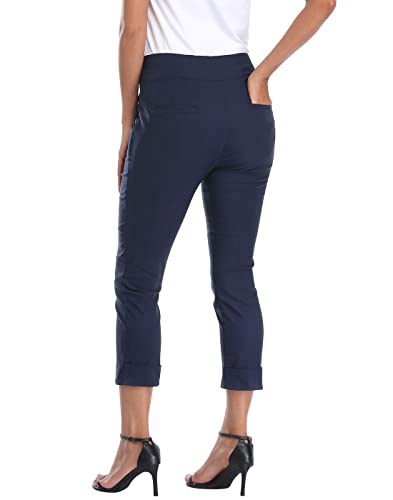 Image of HDE Pull On Capri Pant for Women w /Pockets Elastic Waist Cropped Work Pant | Comfortable Pull On Waist, Tailored Fit with Cuff, Stretchy Summer Office Pants, 24.25 inch Inseam, Professional Dress Capris