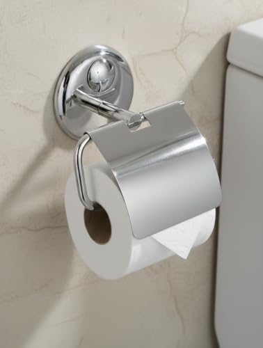 Image of Premium Stainless Steel Toilet Paper Holder with Flap Cover | Rust-Proof Chrome Finish Bathroom Tissue Roll Dispenser | Wall-Mounted Hotel-Style Toilet Roll Stand with Anti-Slip (Round 33)