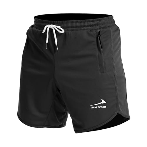 Rane Sports Pantalones cortos deportivos para hombre, pantalones cortos para correr, gimnasio, gimnasio, con bolsillos con cremallera, Negro/Con Toallero, L