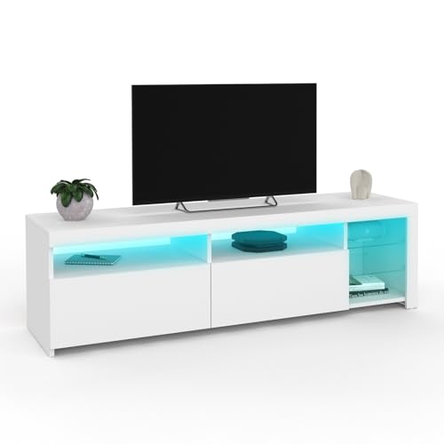 IDMarket SOLVEIG - Mueble TV 140 cm, armarios y estantes de cristal con LED, color blanco lacado