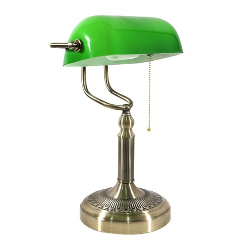 Green Glass Banker Table Lamp - Classic Bronze Base Plug-in Retro Table Lamp Pull Chain Switch for Office Library Study Home Office Bedroom (Bulb Not Included) [Energy Class A]