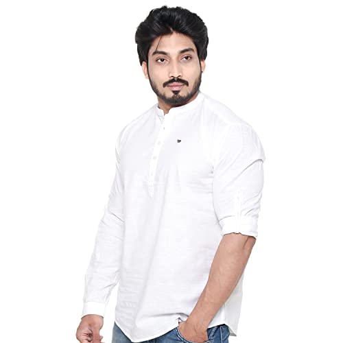 Image of Men's Linen Chinese Collar Full Sleeve Plus Size Short Kurta
