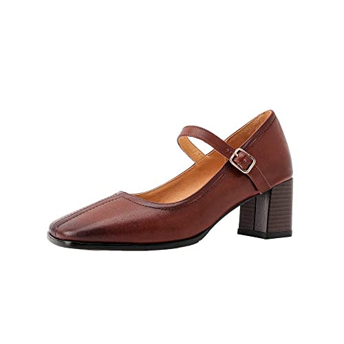 TinaCus Women's Retro Square Toe Genuine Leather Handmade Buckle Mid Block Heel Mary Jane Pumps Shoes