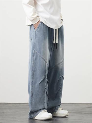 Men's Jeans Drawstring Wide Leg Straight Washed Cotton Denim Pants Casual Baggy Trousers3