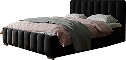 Samtstoff Polsterbett Doppelbett Komplett 140x200 160x200 180x200 cm Bettgestell Mit Bettkasten Lattenrost und Kopfteil - Hydrophobe Stoff - Schwarz - 140 x 200 cm Cover