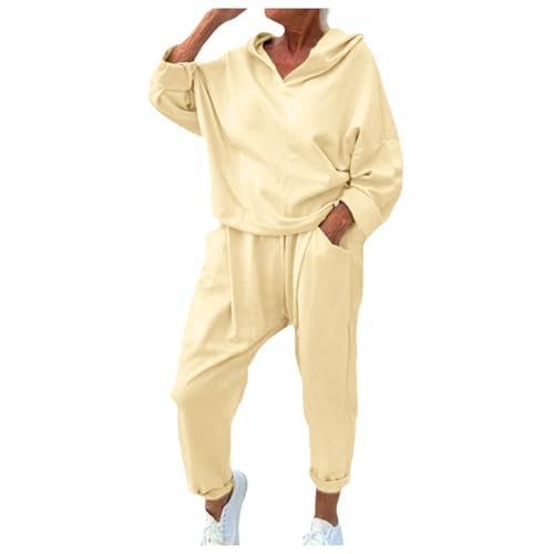 Generisch Chándal para mujer, chándal de manga larga, dos piezas, ropa informal con capucha y pantalones de chándal con bolsillos, beige, XXL