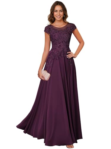 Image of Lace Applique Chiffon Mother of Bride Dresses - Short Sleeve Pleated Long Mother of The Groom Dress