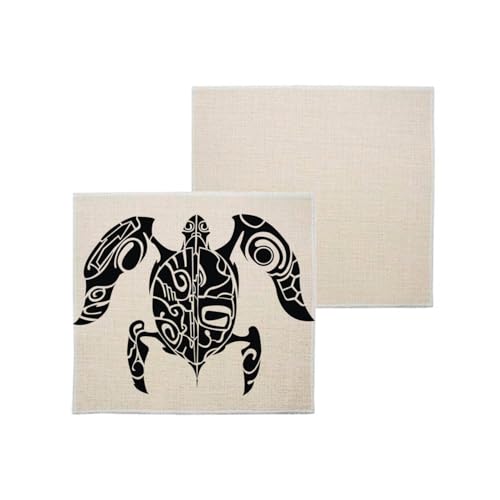 sous Verre en Lin - Tortue Moderne Maori Tatouage Nouvelle-Zelande Art Tribale - 1 unité (100 x 100 mm)