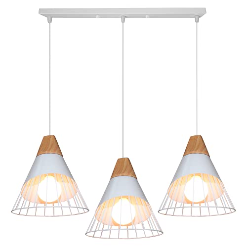 TOKIUS Suspension Luminaire Moderne Industrielle Bois Lustre Abat-jour Métal Vintage forme Cage Ø25cm Plafonnier E27 Design pour Cuisine Chambre Salon (3 lampes - Blanc- barre)