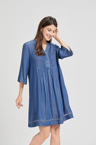 Image of KYAL Women's Denim Short Summer Dress V-Neck Mid-Sleeve Shift Casual Relaxed Beach Party Flowy Dress