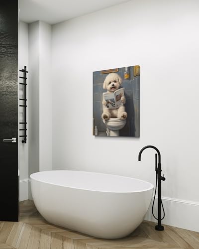 Image of Bichon Frise on Toilet Wall Art Print Canvas Wrapped, Dog Bathroom Humor Decor Posters Prints for Restroom Home Picture Painting Artwork Gallery 7 (Bichon Frise, 20 inchL x 16 inchW CANVAS, Wrapped Canvas)