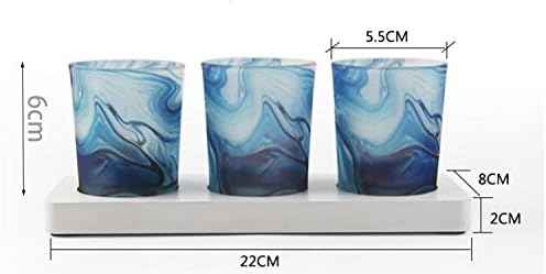 FLCSIed Glass Votive Tea Light Candle Holder Set of 3, Frosted Glass Holders with Sky Blue Patterns -Tealight Candle Holder for Weddings, Party and Home Decor (Blue River)