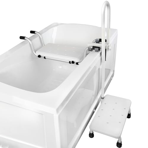 3 in 1 Bathtub Safety Rail with Step Stool & Seat for Seniors Elderly Tub Transfer | Secure Bathroom Assistant & Tub Shower Chair with Non-Slip Handle Fits Most Bathtubs