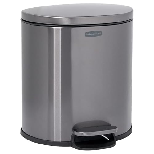 Image of Rubbermaid Stainless Steel Semi-Round Step-On Trash Can, 1.6-Gallon, Charcoal, Small Wastebasket with Lid for Home /Kitchen /Bathroom /Office