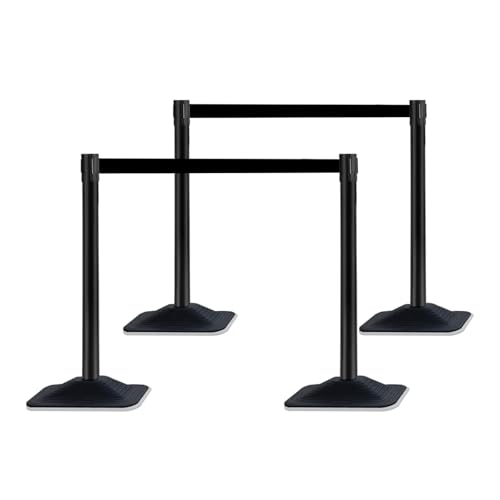 OranclUS 4 Pack Crowd Control Stanchion Set, Black Posts with 10FT Retractable Belt, Space-Saving Rectangular Heavy Base, Queue Barrier for Events & Traffic Management