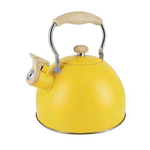 Lilys Home Whistling Tea Kettle Teapot for Stovetop Pleasant Whistle Sound Heat Resistant Plastic Handle Faux Wood Finish Non Toxic Stove Kettle for Boiling Water - 2.5 Quarts (Yellow)