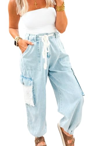 Urchics Womens Casual Pants Beau Blue Gypsy Denim Lace Pockets Patched Light Wash Drawstring High Waist Jogger Pants