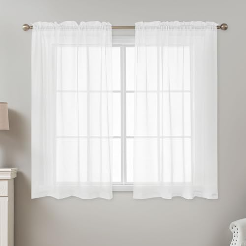 Image of White Sheer Curtains 54 Inch Length, Privacy Semi Sheer Curtains for Dining Room Kitchen, Light Filtering Rod Pocket Voile Window Drapes 2 Panels Set, Each 42 inch W x 54 inch L