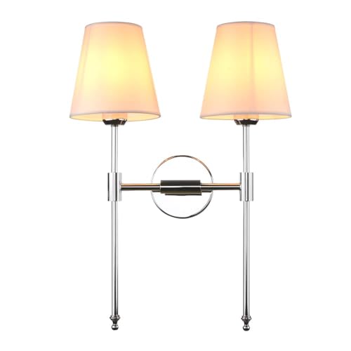 Image of PERMO Classic Double Sconce Chrome 2 Lights Wall Sconce Rustic Wall Mount Lighting Fixture with Flared White Textile Lamp Shade
