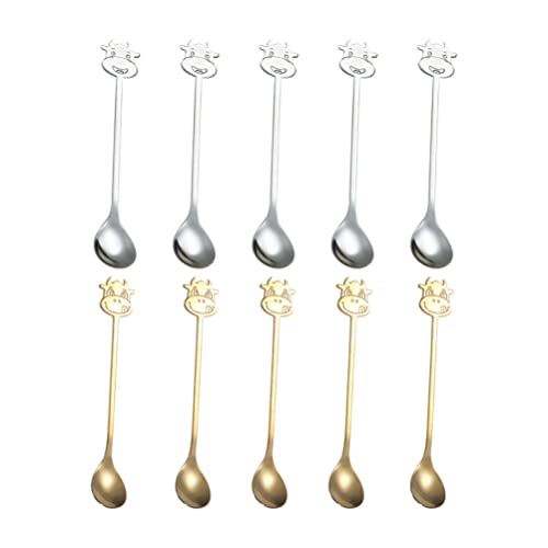 DOITOOL 10Pcs Dessert Spoons Stainless Steel Stirring Spoons Cute Cow Shape Coffee Spoons Milkshake Cake Spoon Silverware Golden Spoons