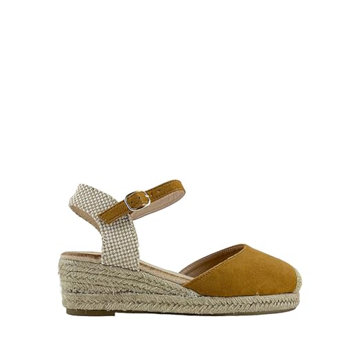 MODELISA   Sandalia Tacon Cuña Alpargata Esparto Hebilla Pulsera Tobillo Primavera Verano Mujer (Camel, 36)