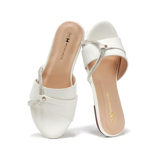 Women's Flat Sandals Rhinestone Strappy Buckle Slides With Soft Memory Foam Insole, Dressy Beach Leather Slippers for Summer Vacation