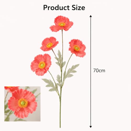 Image of CURATED CART Artificial Flowers Bunch of 2 Poppy Red Flowers, 70cm Real Touch Fabric Flowers with Stems, 4 Blooming Heads, Fake Flowers for Home Decor, Party, Wedding, Party Decorations