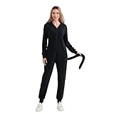 Black Cat Halloween Cosplay Costume Hooded Zip-up Long Sleeve Fuzzy Jumpsuit Cartoon Animal Cosplay (Women, S)