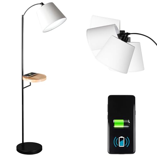 OttLite Good Housekeeping Shaded Floor Lamp with Wireless Charging Table, Wood Tray, Designed to Reduce Eyestrain, Adjustable Shade, ClearSun LED Bulb, Crafting, Office, Reading Light & Studying Lamp