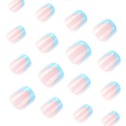 Image of Blue French Tip Nail Press ons Short Square Press on Nails Glossy Fake Nails Acrylic Full Cover Glue on Nails Reusable Artificial Finger Nail Nude Stick on Nail for Women Girls Manicure 24PCS