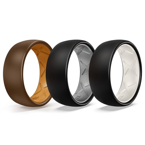 King Will Men's Silicone Rings, 8mm Width| 2.3mm Thick, Domed Comfort Fit with Breathable Inner Grooves Design, Rubber Wedding Band, Pearl White,Metallic Grey,Brown, Size 9